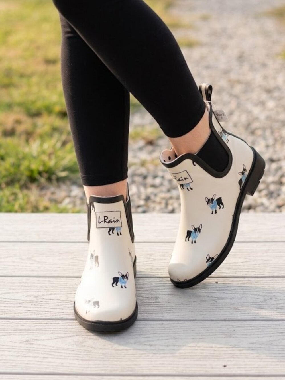 L-Rain French Bulldog Cream Waterproof Chelsea Ankle Rain Boots Size 8